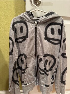 nununu Gray Zip Hoodie with Black Smiley Print